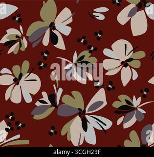 Floral seamless pattern features large, stylized white and pink magnolia flowers with a translucent or ghostly appearance on a solid terracotta Stock Vector