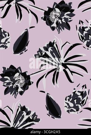 Floral seamless pattern features large, stylized white and pink magnolia flowers with a translucent or ghostly appearance on a solid terracotta Stock Vector