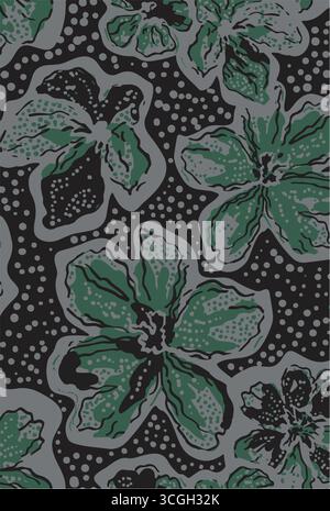 Floral seamless pattern features large, stylized white and pink magnolia flowers with a translucent or ghostly appearance on a solid terracotta Stock Vector