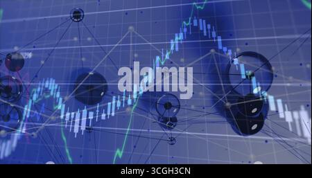 Displaying 3D network nodes and candlestick bars floating on grid interface, with green trend line Stock Photo