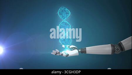 Displaying robotic arm holding glowing holographic DNA helix in virtual lab, with lens flare Stock Photo