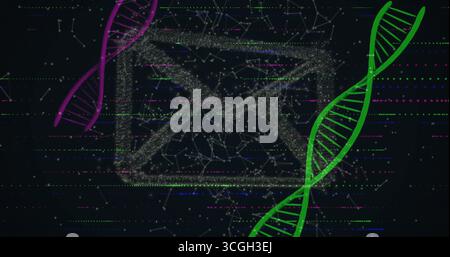 Displaying network envelope icon floating in cyberspace, with green, purple DNA strands, copy space Stock Photo