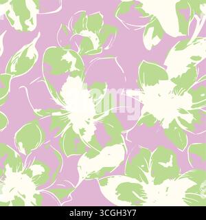 Floral seamless pattern features large, stylized white and pink magnolia flowers with a translucent or ghostly appearance on a solid terracotta Stock Vector
