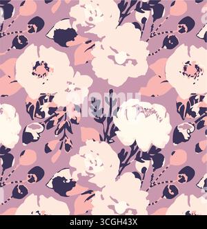 Floral seamless pattern features large, stylized white and pink magnolia flowers with a translucent or ghostly appearance on a solid terracotta Stock Vector