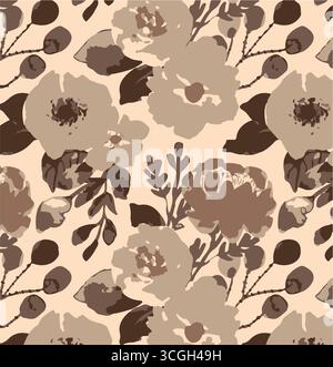 Floral seamless pattern features large, stylized white and pink magnolia flowers with a translucent or ghostly appearance on a solid terracotta Stock Vector
