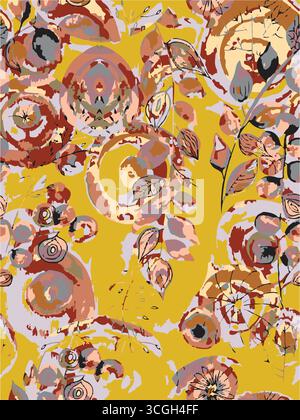 Floral seamless pattern features large, stylized white and pink magnolia flowers with a translucent or ghostly appearance on a solid terracotta Stock Vector