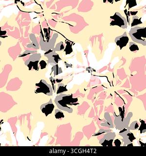 Floral seamless pattern features large, stylized white and pink magnolia flowers with a translucent or ghostly appearance on a solid terracotta Stock Vector