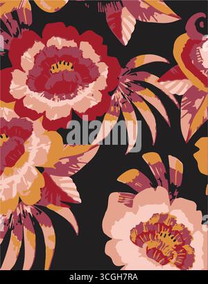 Floral seamless pattern features large, stylized white and pink magnolia flowers with a translucent or ghostly appearance on a solid terracotta Stock Vector
