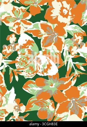 Floral seamless pattern features large, stylized white and pink magnolia flowers with a translucent or ghostly appearance on a solid terracotta Stock Vector