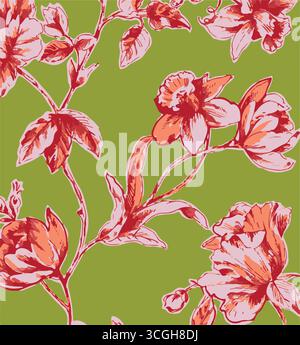 Floral seamless pattern features large, stylized white and pink magnolia flowers with a translucent or ghostly appearance on a solid terracotta Stock Vector