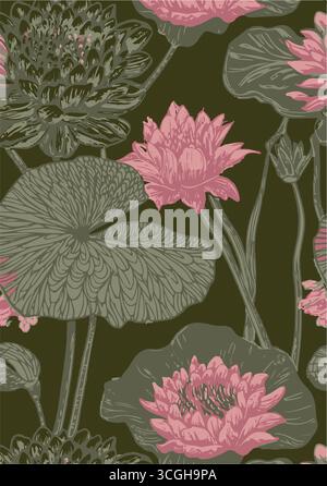 Floral seamless pattern features large, stylized white and pink magnolia flowers with a translucent or ghostly appearance on a solid terracotta Stock Vector