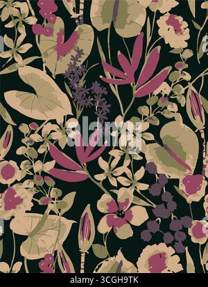 Floral seamless pattern features large, stylized white and pink magnolia flowers with a translucent or ghostly appearance on a solid terracotta Stock Vector