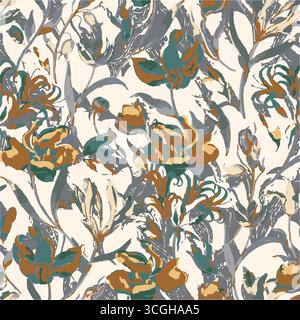 Floral seamless pattern features large, stylized white and pink magnolia flowers with a translucent or ghostly appearance on a solid terracotta Stock Vector