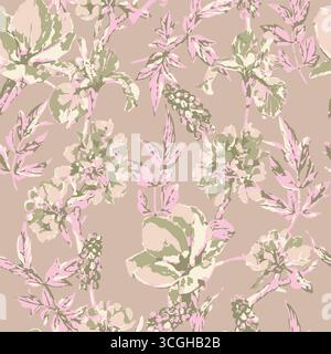Floral seamless pattern features large, stylized white and pink magnolia flowers with a translucent or ghostly appearance on a solid terracotta Stock Vector