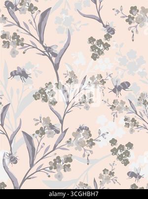 Floral seamless pattern features large, stylized white and pink magnolia flowers with a translucent or ghostly appearance on a solid terracotta Stock Vector