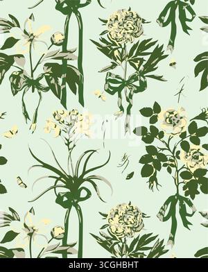 Floral seamless pattern features large, stylized white and pink magnolia flowers with a translucent or ghostly appearance on a solid terracotta Stock Vector