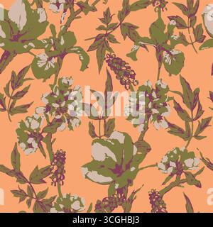 Floral seamless pattern features large, stylized white and pink magnolia flowers with a translucent or ghostly appearance on a solid terracotta Stock Vector