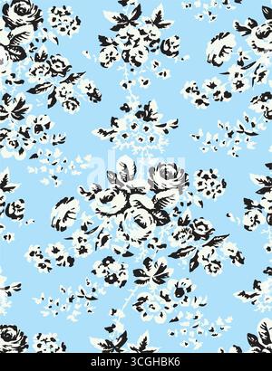 Vintage floral background. Floral pattern with small blue flowers on a ivory white background. Seamless pattern for design and fashion prints. Ditsy Stock Vector