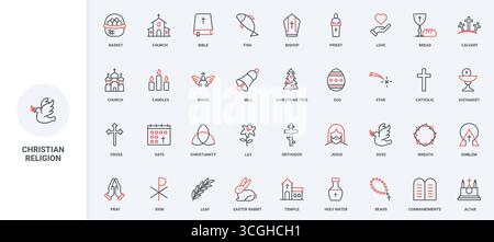 Christian Orthodox and Catholic religion, church and religious cross line icon set. Jesus and Bible, Calendar of Lent, Christmas and Easter dates thin black and red outline symbols vector illustration Stock Vector