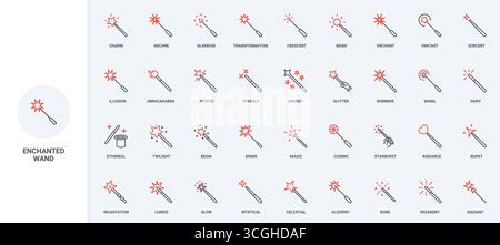 Magic wand, magician and wizard stick for miracle and tricks, graphic filter editor tool line icon set. Wand with star and heart, mystery sparks thin black and red outline symbols vector illustration Stock Vector