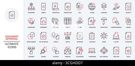 Document approval line icon set. Speech bubble message, email and call control and confirm procedure, instructions to approve digital file thin black and red outline symbols vector illustration Stock Vector