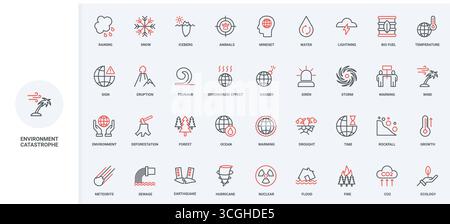 Natural disasters and environment catastrophes due to climate change line icon set. Temperature CO2 emissions growth, earthquake and flood, fire thin black and red outline symbols vector illustration Stock Vector