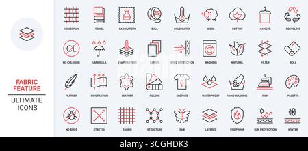 Fabric features and properties, color and structure of textile line icon set. Windproof and waterproof, elastic and durable, label for material thin black and red outline symbols vector illustration Stock Vector