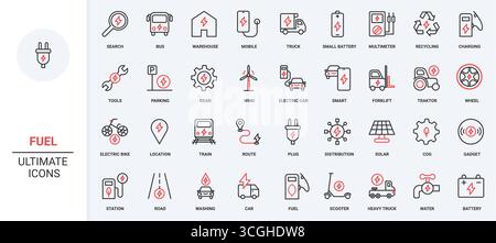 Electric car and vehicle with hybrid engine, plug of charger to charge, fuel station line icon set. Eco friendly energy and power, transport thin black and red outline symbols vector illustration Stock Vector