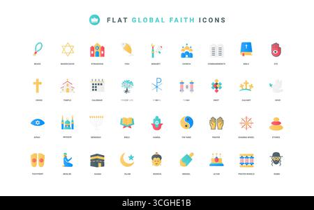 Faith and hope of prayers to god, temple and ritual thin symbols vector illustration. Global diversity of world religions, Christianity, Islam, Judaism and Buddhism flat icon set Stock Vector