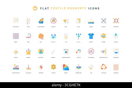 Water, sun and wind resistant, breathable material, fiber thin symbols vector illustration. Fabric properties, feather and cotton, wool and leather, information flat icon set Stock Vector