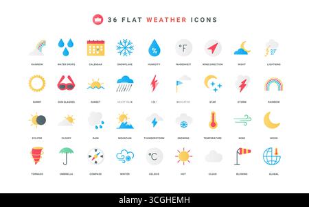 Weather forecast, meteorology and climate, seasons color icon set. Hot and cold temperature, umbrella for rain and storm, sun and night moon, sunset and snowflake flat elements vector illustration Stock Vector
