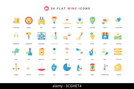 Wine and grapes of vineyard, winery, food for alcohol and sommelier color icon set. Sparkling wine glass and bottle, barrel in shop and cellar, cork and decanter flat elements vector illustration Stock Vector