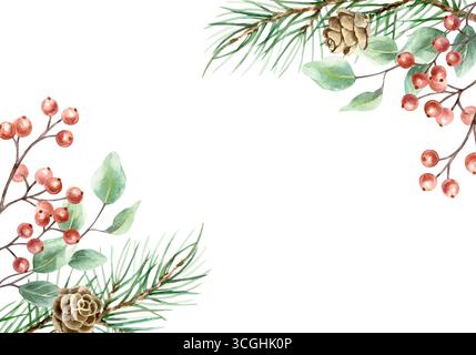 Christmas frame with fir branches, a sprig of red berries, green eucalyptus and a pine cone. Hand drawn watercolor pastel illustration for New Year ca Stock Vector
