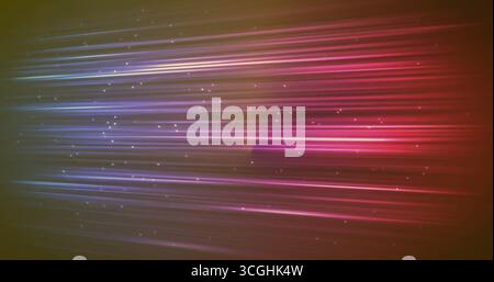 Streaming horizontal light streaks shifting across digital canvas, with glowing particle effects Stock Photo