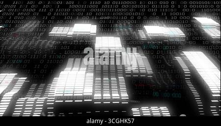 Displaying illuminated blocks forming 3D grid in dark digital space, with floating binary digits Stock Photo