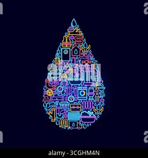 Plumbing Water Drop Neon Concept Stock Vector