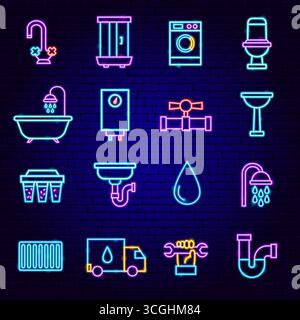 Plumbing Neon Icons Set Stock Vector