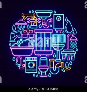 Plumber Neon Icons Circle Concept Stock Vector
