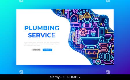 Plumbing Service Neon Landing Page Stock Vector