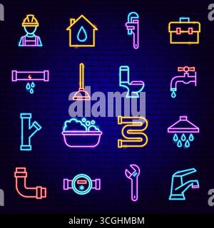 Plumber Neon Icons Set Stock Vector