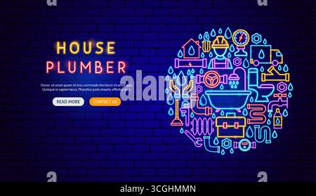 House Plumber Neon Banner Design Stock Vector