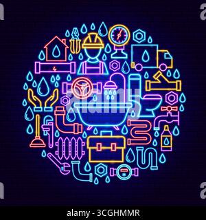 Plumber Neon Icons Circle Concept Stock Vector