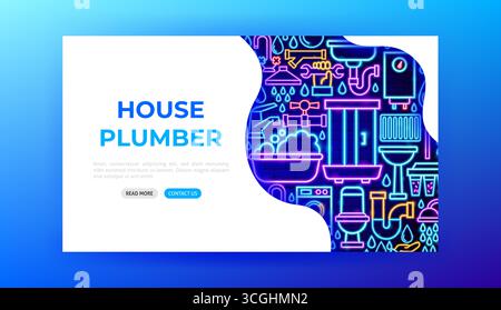 House Plumber Neon Landing Page Stock Vector
