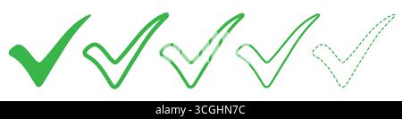 Set of green check marks in various styles: solid, outline, and dashed. Vector illustration. Stock Vector