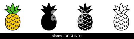 Colored and black pineapples. Pineapple icons isolated on white background. Stock Vector
