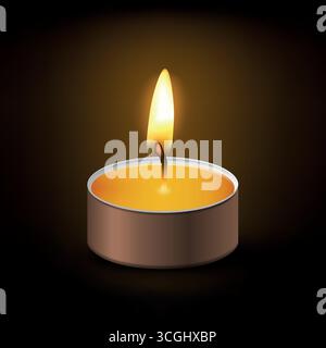 Burning Tea Light Candle Vector Illustration. Realistic Wax Tealight with Flame. Decorative Small Candle Icon. Isolated Cozy Candle for Spa Stock Vector