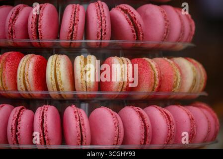 Close-up of pink macarons stacked on a candy shop display stand Stock Photo