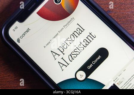 Smartphone screen showing Comet, a new AI-powered personal browser from Perplexity, featuring assistant capabilities and modern design. Stock Photo