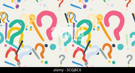 Seamless vector pattern of colorful question marks and dots scattered across a light background, symbolizing curiosity and mystery in design. Stock Vector