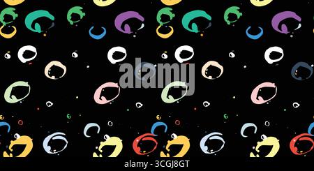 Vector background with colorful circular ink splatters scattered on a black surface, creating a playful abstract pattern full of motion and energy. Stock Vector